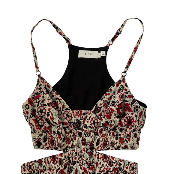 A.L.C. Silk Titus Maxi Dress Tiered Ruffles Floral  Red Black Cream - 6 - Picture 4 of 8